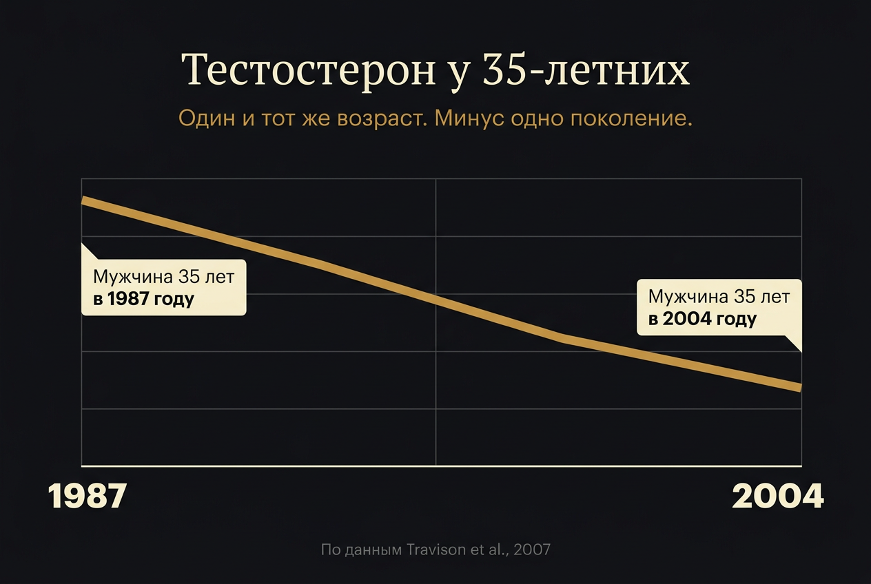 График: уровень тестостерона у мужчин 35 лет в 1987 и 2004 году